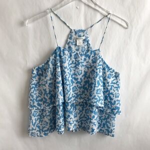 Club Monaco Tiered Abstract Cropped Camisole Top M Blue White Cotton Flowy